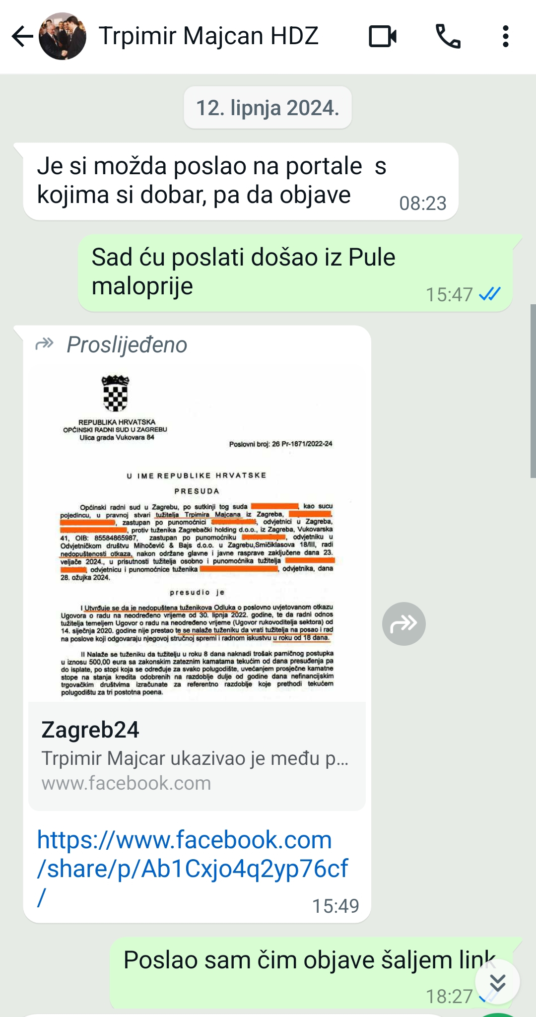 WhatsApp komunikacija između Alina Kavura i Trpimira Majcana